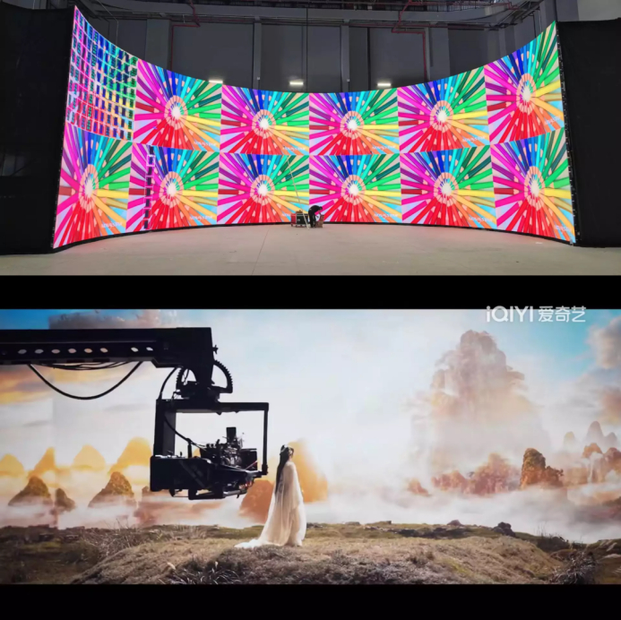 上图：爱奇艺xR虚拟影棚屏幕；下图：《狐妖小红娘》拍摄现场