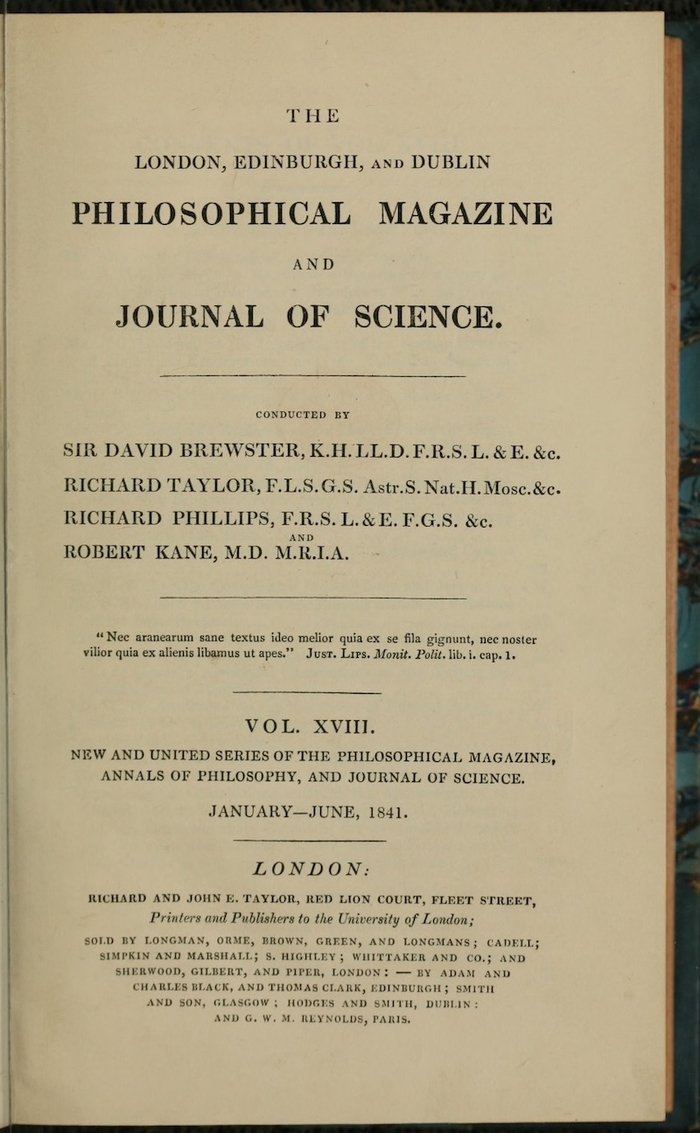 1841年上半年版《哲学杂志》，扉页文字表明该杂志已合并《哲学年鉴》和《爱丁堡科学学刊》