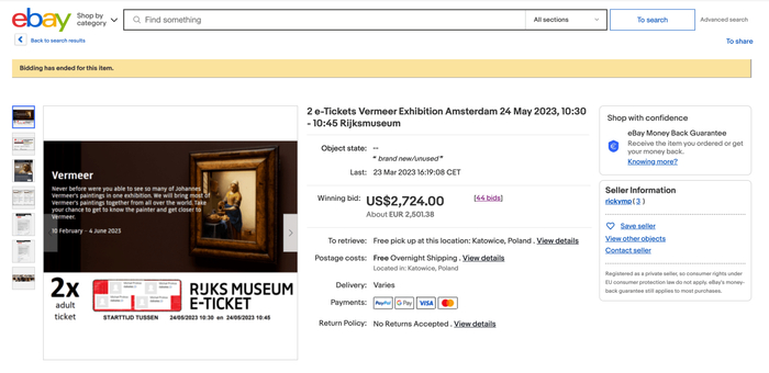 两张维米尔展览的门票在电商平台上拍出了2724美元。