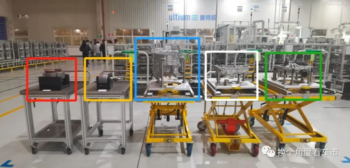 上图为武汉奥特能超级工厂准备合装的“8合1”电驱动系统分解状态特写。