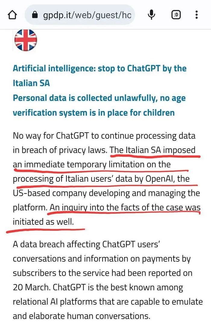 意大利数据保护规范总局宣布暂时禁止使用OpenAI的ChatGPT聊天机器人。