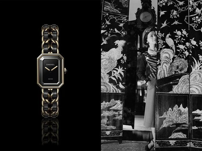 右：香奈儿女士在乌木漆面屏风前留影