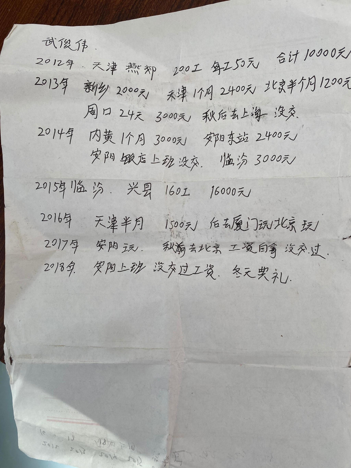 武福枝记录的武俊伟在外打工收入。