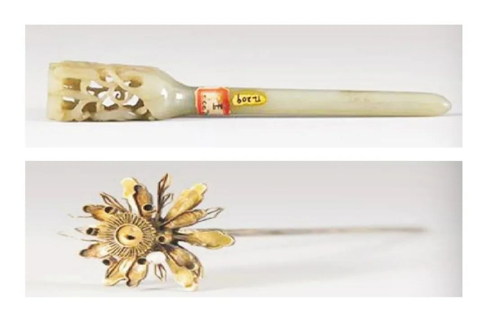△上为明代透雕花鸟纹青玉簪；下为明代复瓣金花银插针。