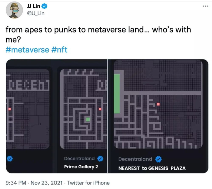 △歌手林俊杰在推特上宣布已在元宇宙里购买了虚拟土地