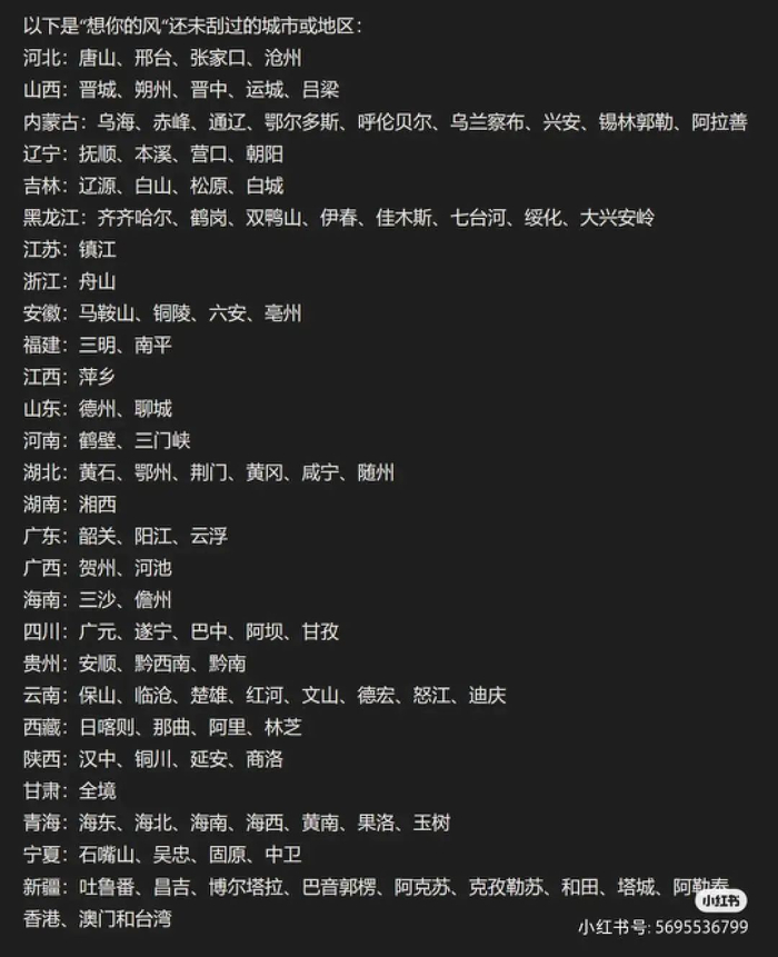 未设立网红路牌的城市名单 | 图源：小红书@5695536799