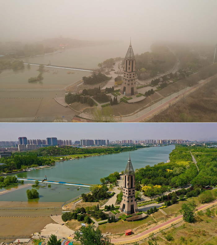 　　上图：2023年3月22日，航拍被沙尘笼罩的石家庄冀之光塔。下图：2021年4月30日，航拍晴朗天空下的石家庄冀之光塔。
