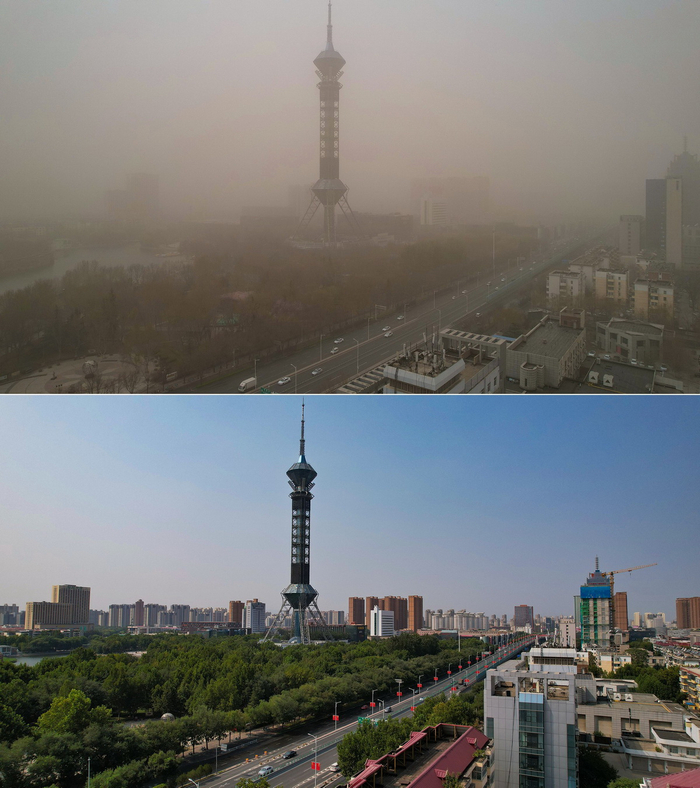 　　上图：2023年3月22日，航拍被沙尘笼罩的石家庄市区。下图：2022年9月18日，航拍晴朗天空下的石家庄市区。
