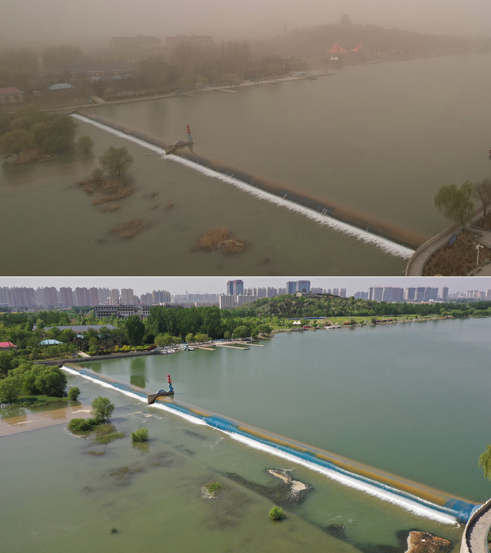 　　上图：2023年3月22日，航拍被沙尘笼罩的石家庄太平河。下图：2021年4月30日，航拍晴朗天空下的石家庄太平河。