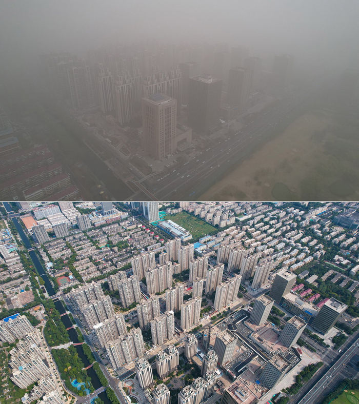 　　上图：2023年3月22日，航拍被沙尘笼罩的石家庄市区。下图：2022年9月18日，航拍晴朗天空下的石家庄市区。