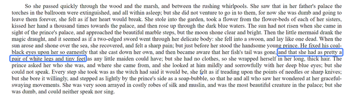 比较常见的描写中，小美人鱼长出了白色的双腿