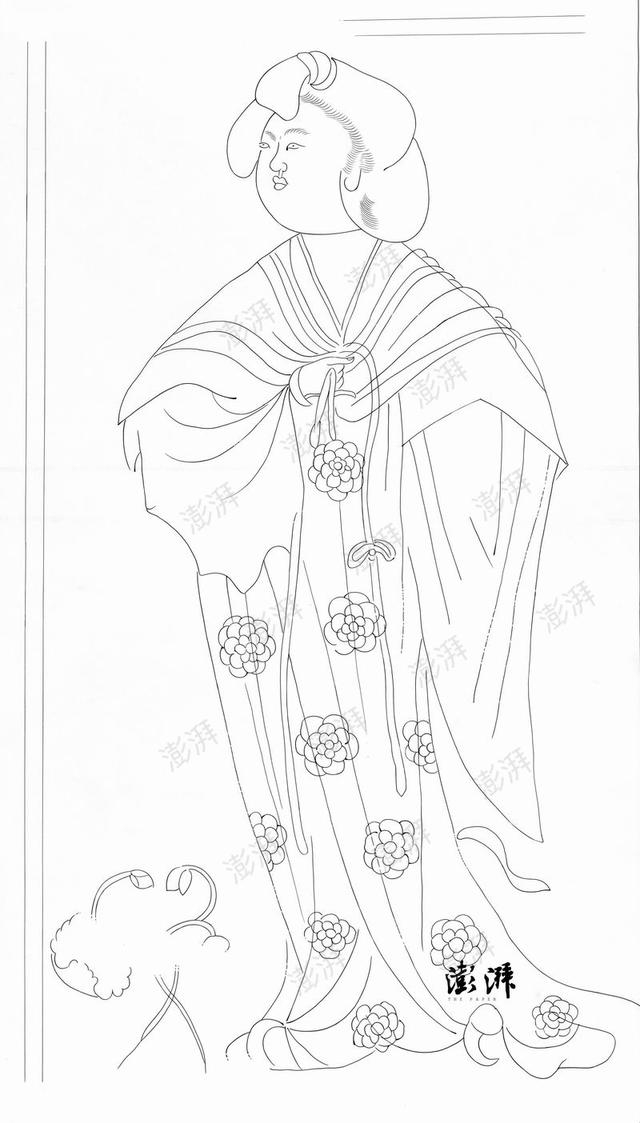 图4 头梳倭堕髻仕女手牵披帛丝绳，曳地长裙上印牡丹团花图案