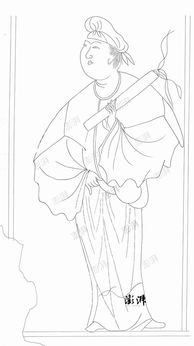 图6 男装侍女左手持画筒丝袋，右手握牛舌墨锭。