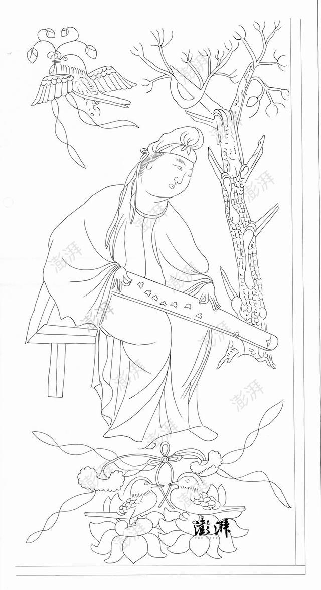 图7 树下男装戴幞头仕女，倾身坐凳抚琴于双腿上，天空衔花枝带飞鸟，地下衔花枝鸳鸯对称相望。