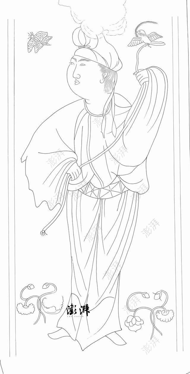 图3 男装侍女戴高髻幞头立于花丛双手拉绳牵衔草飞鸟，一边注视飞舞蝴蝶。