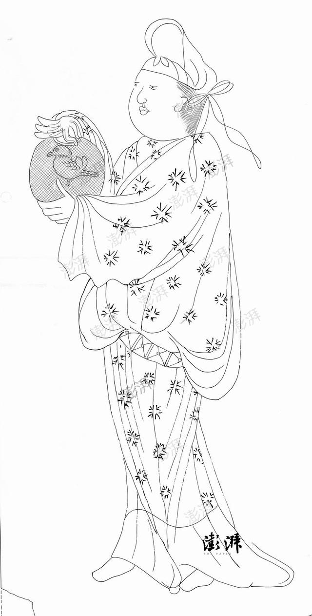 图8 戴高髻幞头男装仕女，眼睛微张看名贵雀鸟，左手托笼底，右手兰花指掐提金丝鸟笼。