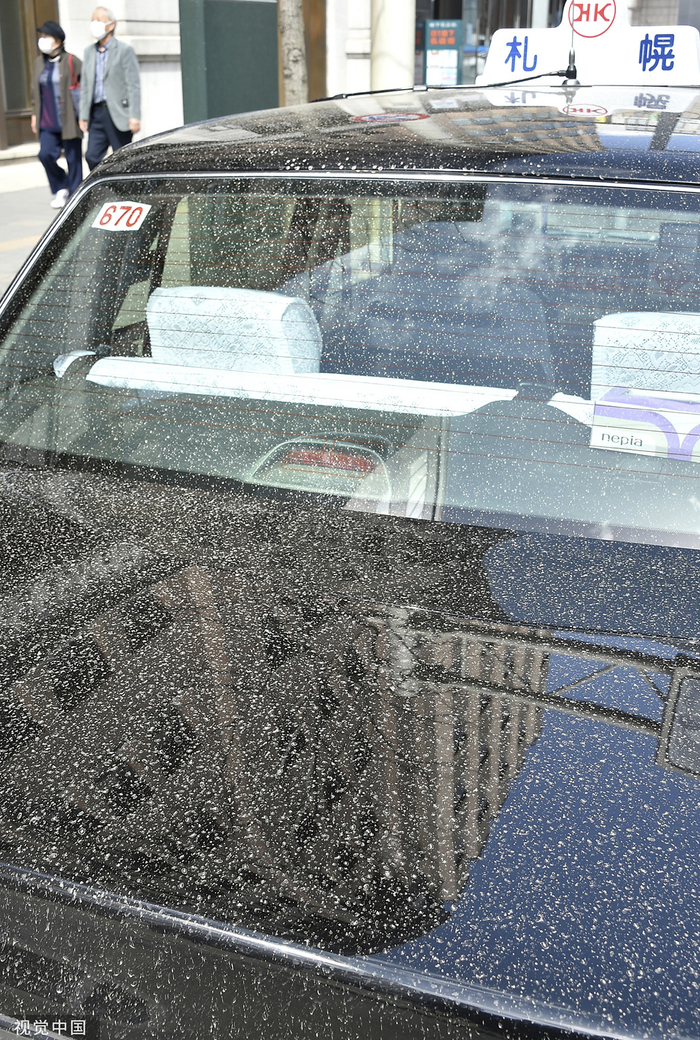 当地时间2023年4月13日，日本北海道札幌，一辆出租车上的沙尘。