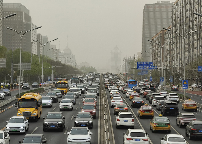 2023年4月13日，北京，沙尘天气中，西二环道路和车流。视觉中国 图