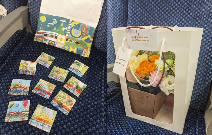 4月13日，D887次列车发车，为乘客们准备的鲜花、冰箱贴等礼物。铁道视界微博 图