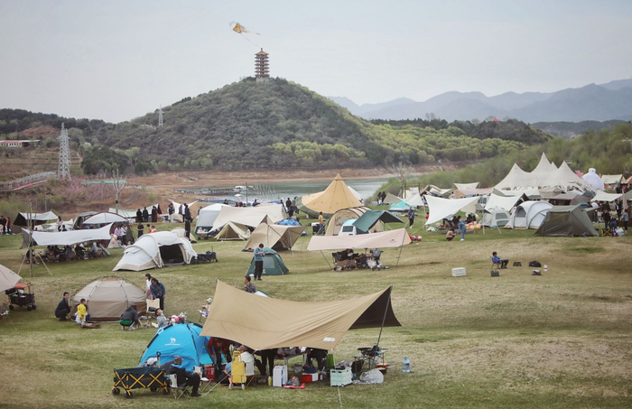 游客们在露营地享受春日美景。新京报记者 薛珺 摄