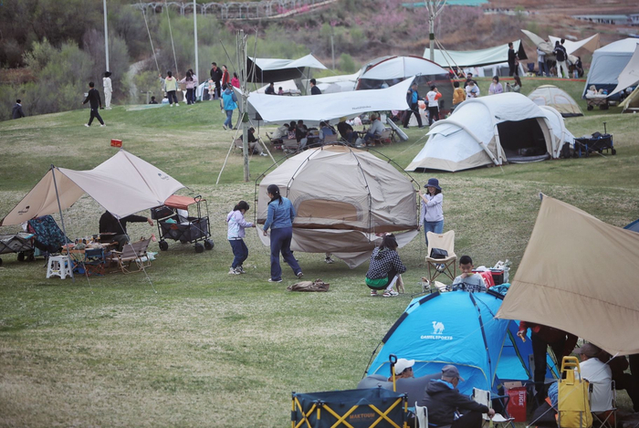 游客们在湖畔草地搭起帐篷。新京报记者 薛珺 摄