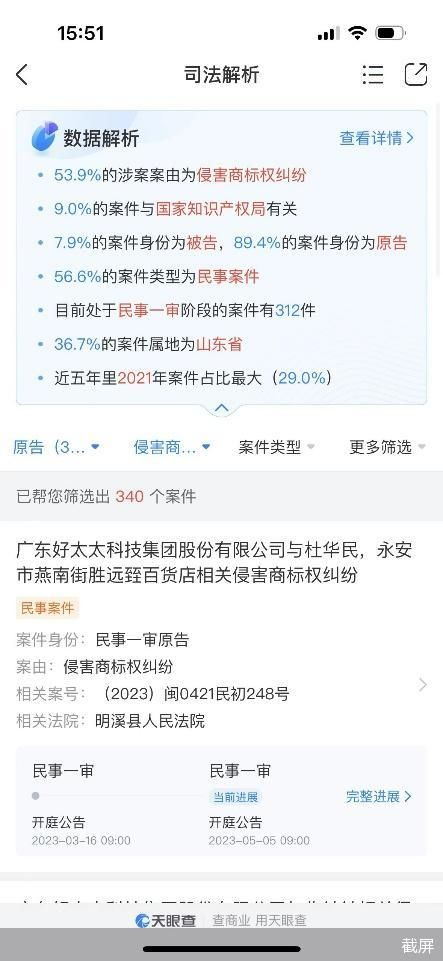 天眼查App中的上市企业“好太太”司法数据解析截图（截至2023年4月14日15：51）