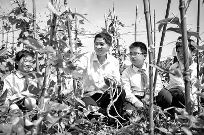 江西省九江市湖口县第一小学五年级学生在屋顶“空中菜园”进行劳动实践，图为老师正在向学生讲授农技知识。张玉摄／光明图片