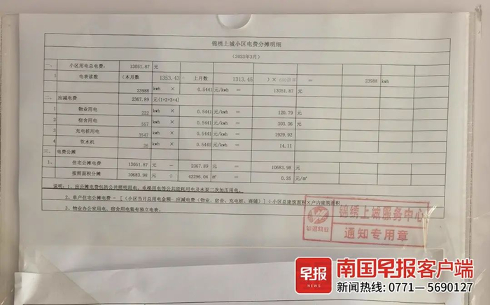 ▲小区物管第二次公示的3月电费分摊明细。南国早报全媒体记者 赵敏摄
