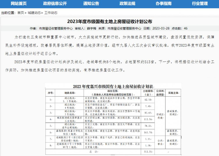 ▲嘉兴国有土地上的房屋征收计划。图片来源 嘉兴市住房和城乡建设局官网