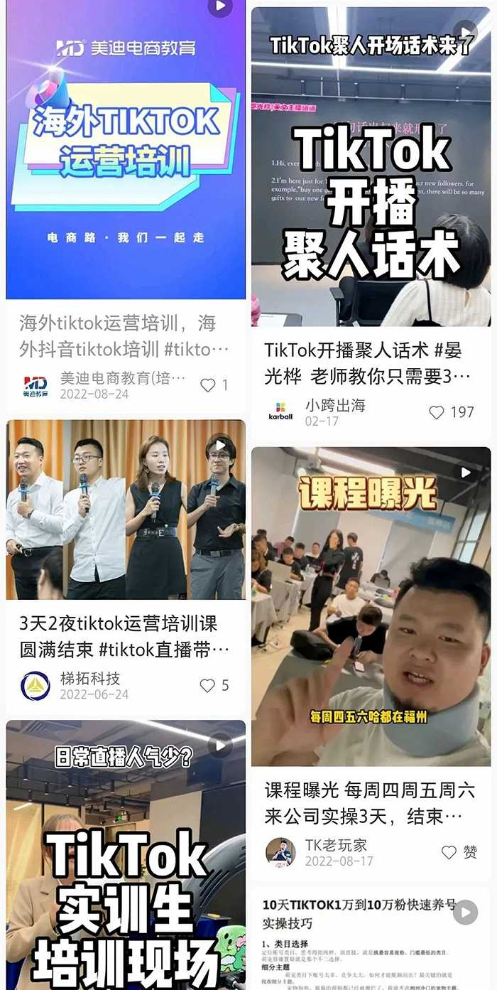 各式各样的Tiktok运营培训课程，图源小红书