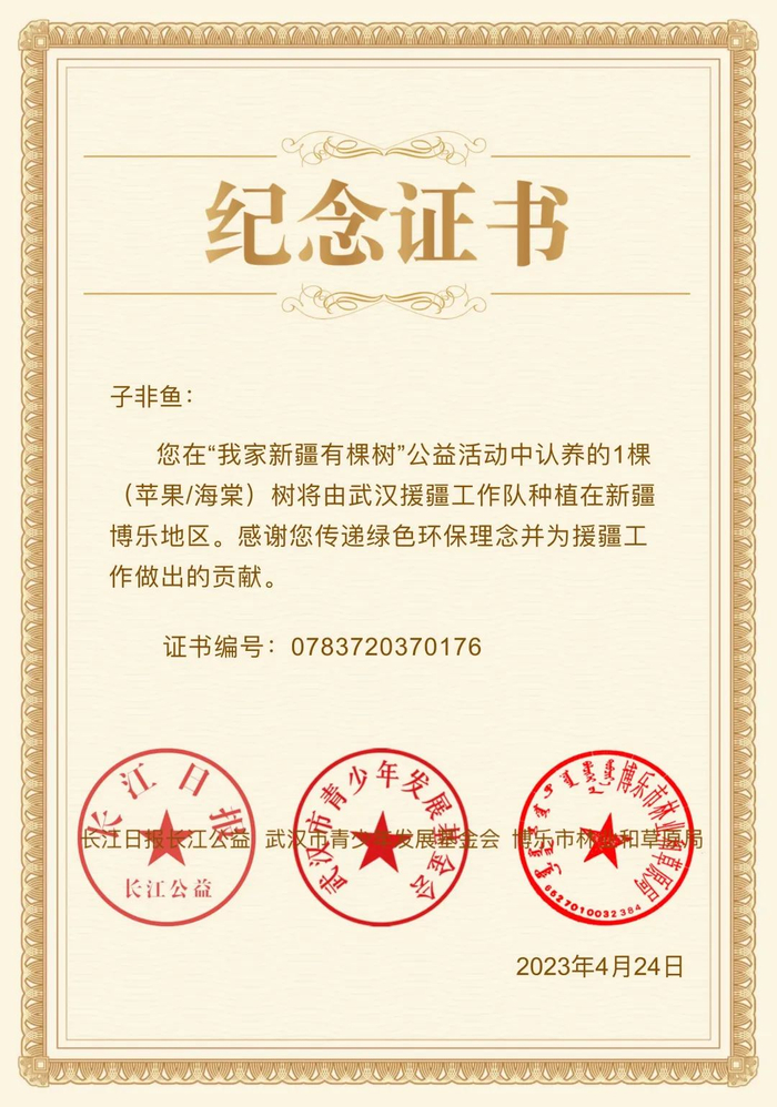 纪念证书。