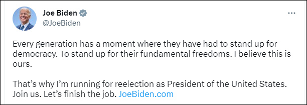 拜登在社交媒体上宣布竞选连任
