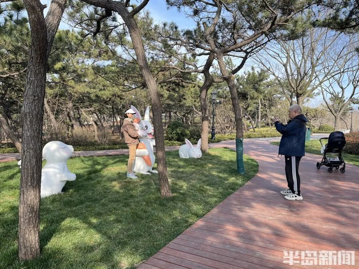 市民正在和小兔子雕塑合影