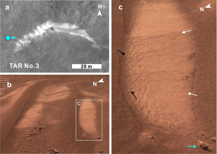 “祝融号”火星车拍摄的横向风成脊表面的多边形裂隙。受访者供图