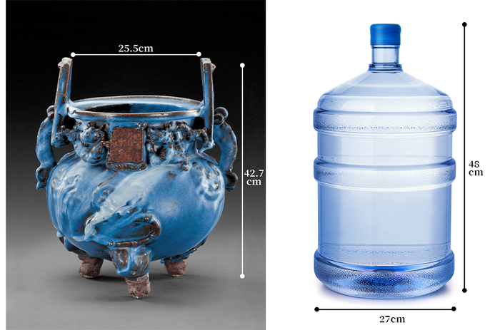 △钧窑“小宋自造”香炉与常用18.9升饮用水桶尺寸比较