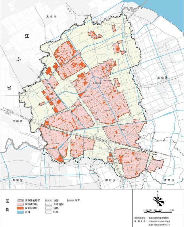 嘉定区土地利用规划：粉色为现状建成区，红色为规划新增区。来源：《上海市嘉定区总体规划暨土地利用总体规划》