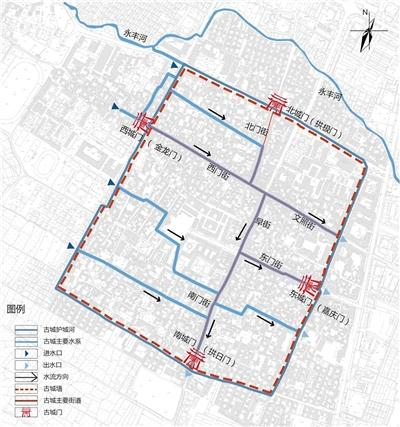 剑川古城的城门与水系示意图。