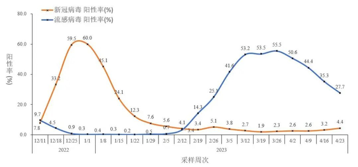 图2-5 全国哨点医院流感样病例新冠和流感病毒阳性率变化趋势（数据来源于402家网络实验室）