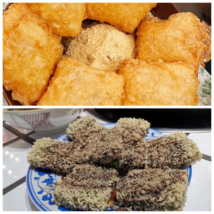 鸿姐老火锅的蛋煎糍粑（上），朱光玉火锅馆的野菜糍粑（下）。新京报记者 于桂桂 摄