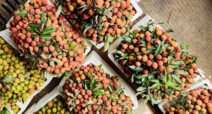 市场上来自海南的荔枝。图源：南宁广播电视台