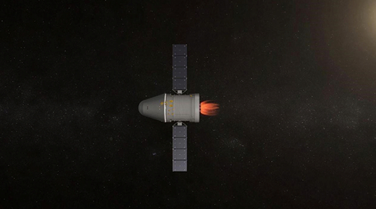 中国新一代载人飞船采用可重复使用技术，图为其在轨飞行模拟图。