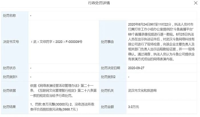 斗鱼公司提供含有表演方式低俗的网络表演内容被行政处罚。天眼查截图