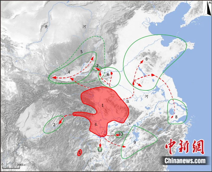 屈家岭文化对外扩张路线示意图（红色区域为屈家岭文化主要分布范围）。受访者 供图