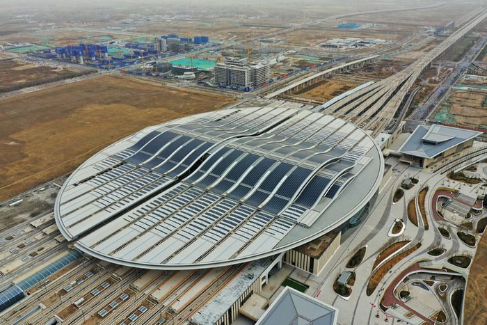 这是京雄城际铁路雄安站（2023年3月23日摄，无人机照片）。新华社记者 牟宇 摄