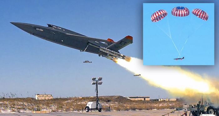  XQ-58A“女武神”隐身无人机采用降落伞降落。