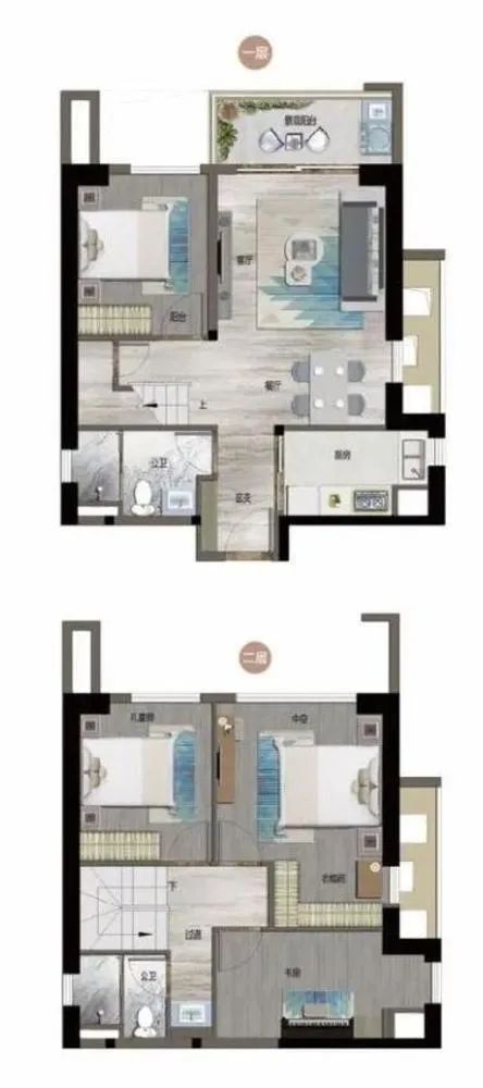 复式户型平面图（加黑部分为承重墙）