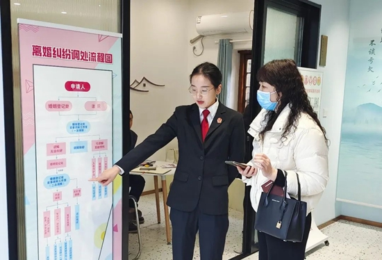     2023年3月，江苏盱眙县人民法院工作人员将家事调解工作室搬入婚姻登记处，向群众介绍离婚纠纷调解流程。盱眙法院供图