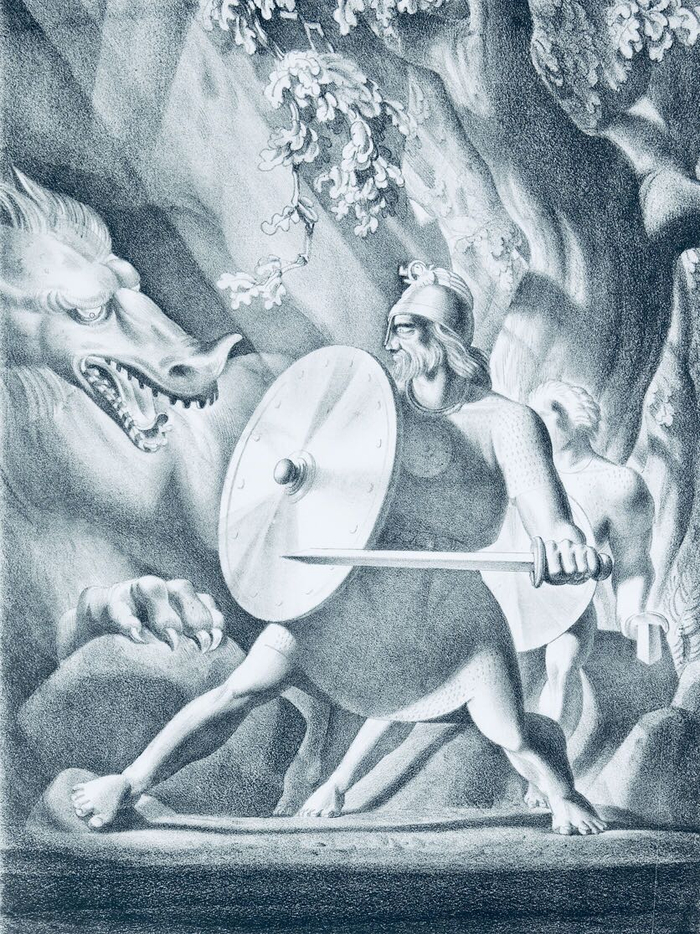 Rockwell Kent绘《贝奥武甫》插图，平版印刷画，1931年。