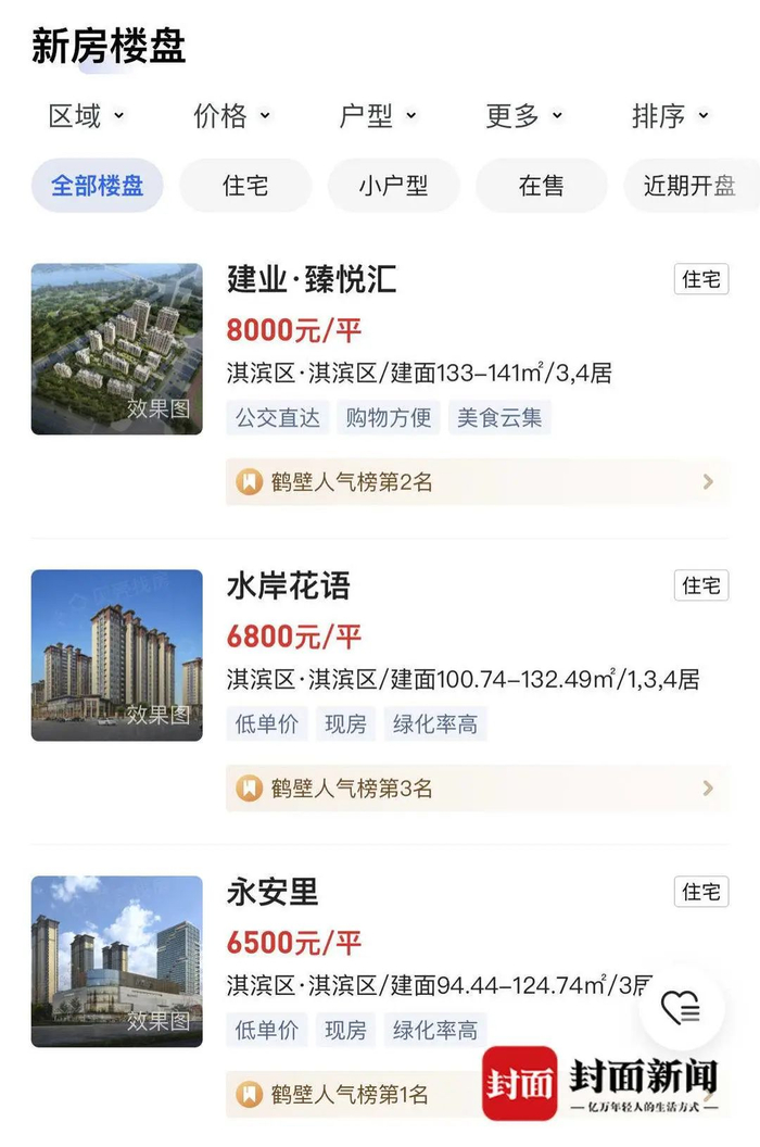 在贝壳找房上搜索鹤壁显示的房源。