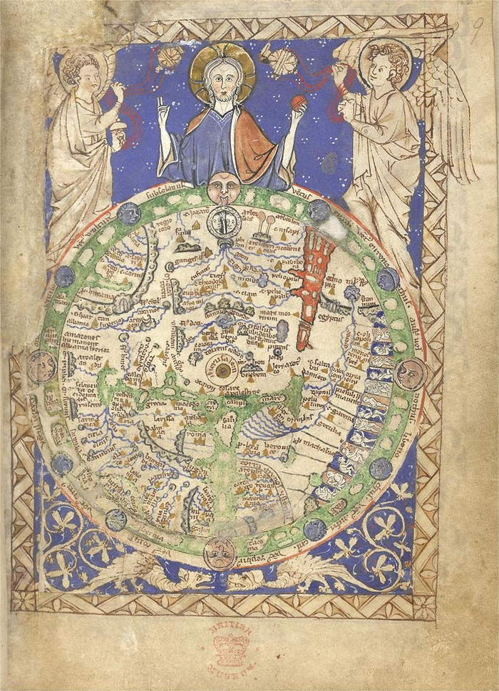 《诗篇》抄本插图“世界地图” 犊皮纸彩绘Add MS 28681号抄本第9r页 17×13cm 1262年至1300年